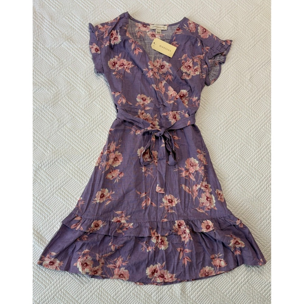 Monteau Los Angeles NWT Women's Dress Small Floral Linen Blend A-Line Purple